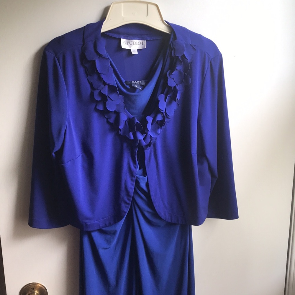 Studio I Royal Blue Shrug Bolero Floral Appliqués lapel hook eye closure sz 10 - Picture 3 of 14